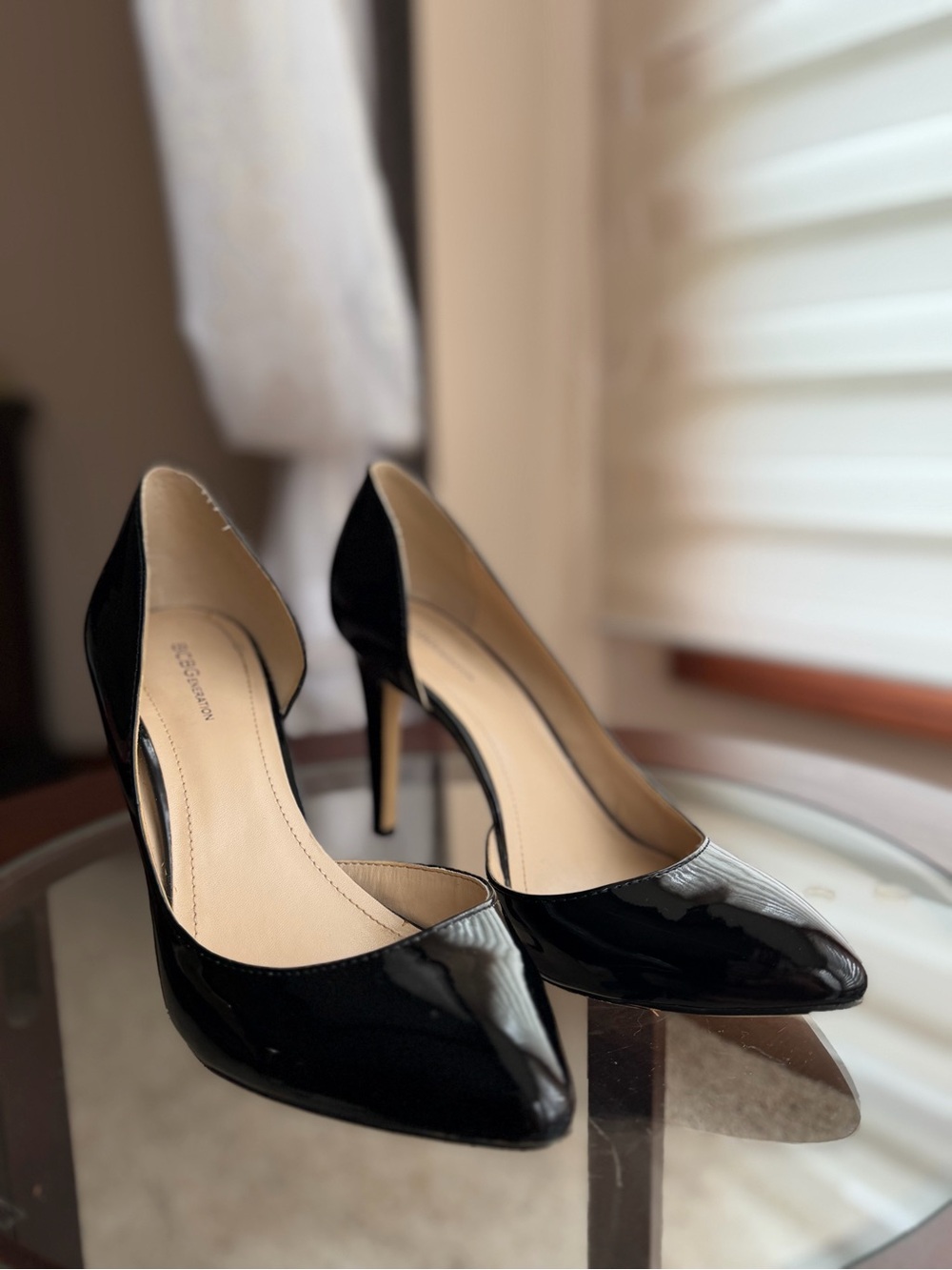 BCBGeneration Black Patent D'Orsay Pointed-Toe Stiletto Heels